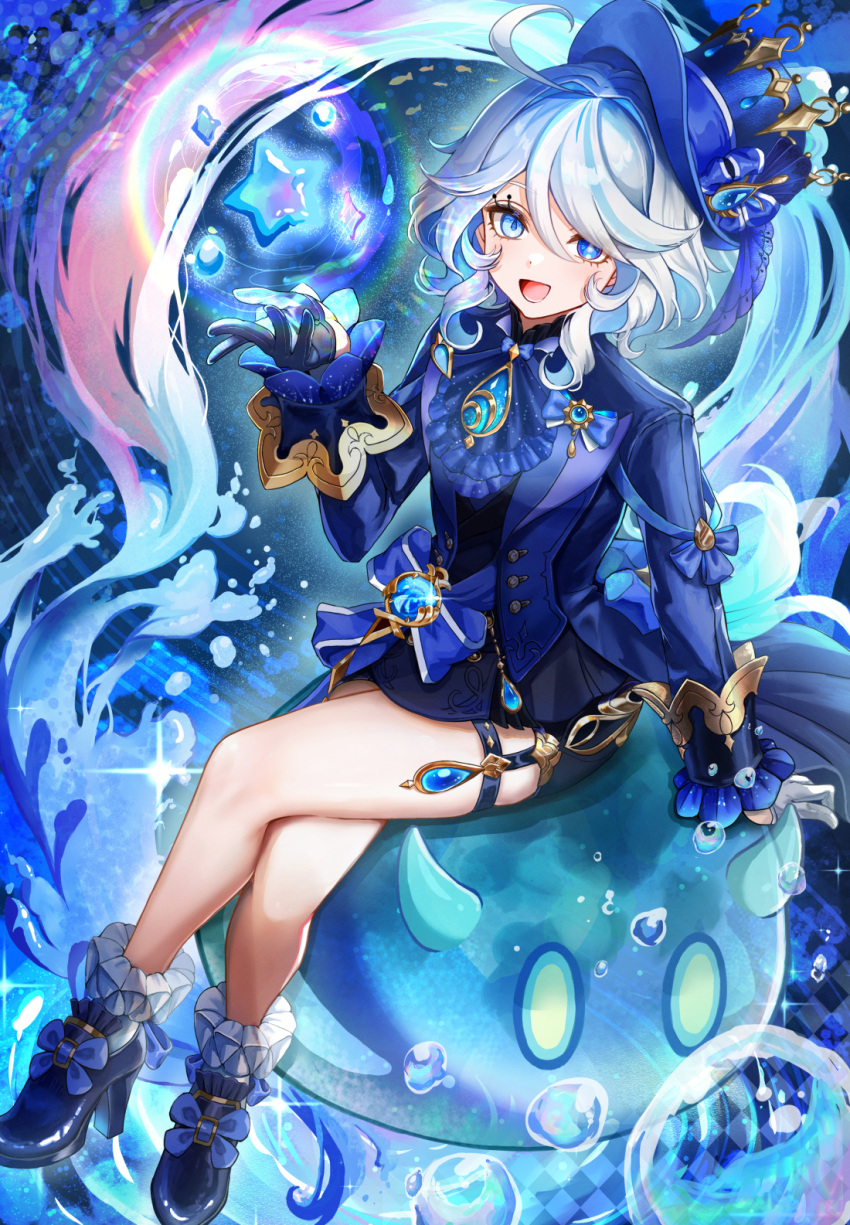 1girl ahoge ascot blue_ascot blue_eyes blue_headwear blue_jacket brooch bubble crossed_legs frilled_socks frills full_body furina_(genshin_impact) genshin_impact gloves hair_between_eyes hat heterochromia high_heels highres jacket jewelry legs long_sleeves medium_hair open_mouth setta_shu sidelocks sitting slime_(genshin_impact) socks thigh_strap thighs tilted_headwear top_hat watermark white_hair