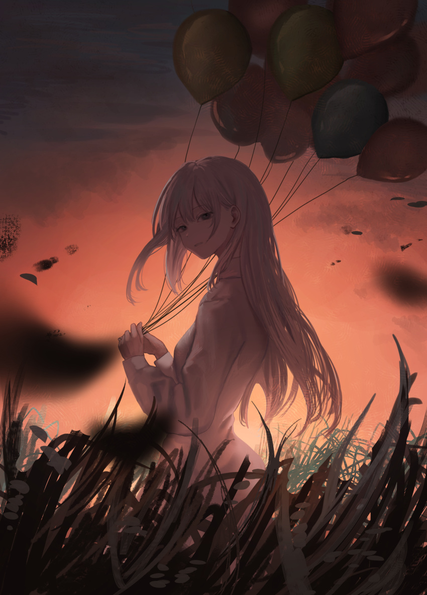 1girl absurdres balloon clouds cloudy_sky dot_nose floating_hair grass grey_eyes grimace hair_between_eyes highres holding holding_balloon kyano_(kyanora3141) long_hair long_sleeves looking_at_viewer on_grass original shirt sidelocks sitting sky solo sunset teeth upper_body white_hair white_shirt