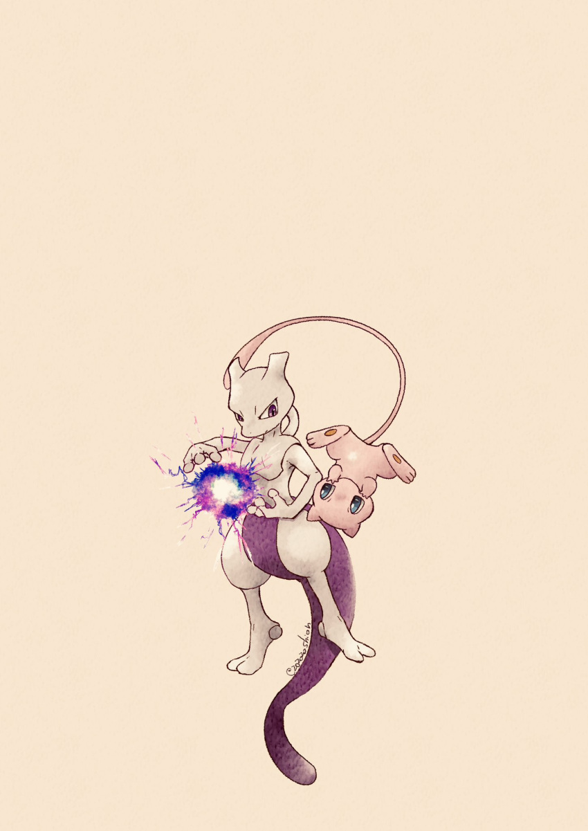 artist_name blue_eyes casting_spell colored_skin commentary_request floating highres mew_(pokemon) mewtwo no_humans pawpads pink_skin pokemon pokemon_(creature) simple_background standing tail twitter_username upside-down violet_eyes white_background white_skin zozozoshion