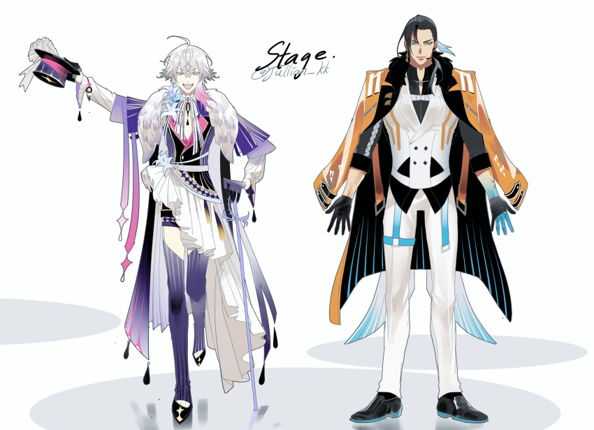 2boys ahoge alternate_costume androgynous aqua_eyes arm_up arms_at_sides artist_name black_fur black_hair blue_eyes blue_hair blue_skin cane coat coat_dress coat_on_shoulders coattails colored_skin design_speculation earrings english_text eyelashes facing_viewer flower frilled_sleeves frills full_body fur-trimmed_coat fur_trim gavis_bettel gloves grey_hair hair_between_eyes half_gloves hat heterochromia high_heels highres holding holding_clothes holding_hat holostars holostars_english jewelry josuiji_shinri jullian_kk looking_at_viewer male_focus medium_hair mouthpiece multicolored_hair multiple_boys open_mouth pink_eyes pink_hair ribbon shorts standing striped_clothes striped_thighhighs suit tassel tassel_earrings thigh-highs top_hat twitter_username vertical-striped_clothes vertical-striped_thighhighs white_background white_flower white_ribbon white_suit