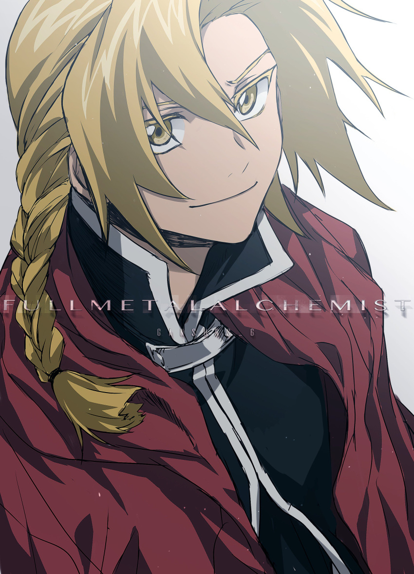 1boy absurdres black_jacket blonde_hair braid cape commentary copyright_name edward_elric fullmetal_alchemist furrowed_brow gradient_background high_collar highres jacket long_hair looking_at_viewer male_focus parted_bangs red_cape roku_(gansuns) sad_smile smile solo upper_body yellow_eyes