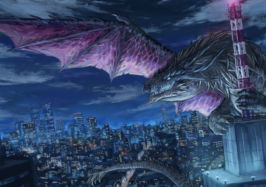 absurdres building claws clouds cloudy_sky commentary_request contemporary dragon dragon_horns dragon_tail dragon_wings highres horns light nasuno_posi night no_humans original scenery sky skyscraper tail western_dragon wings