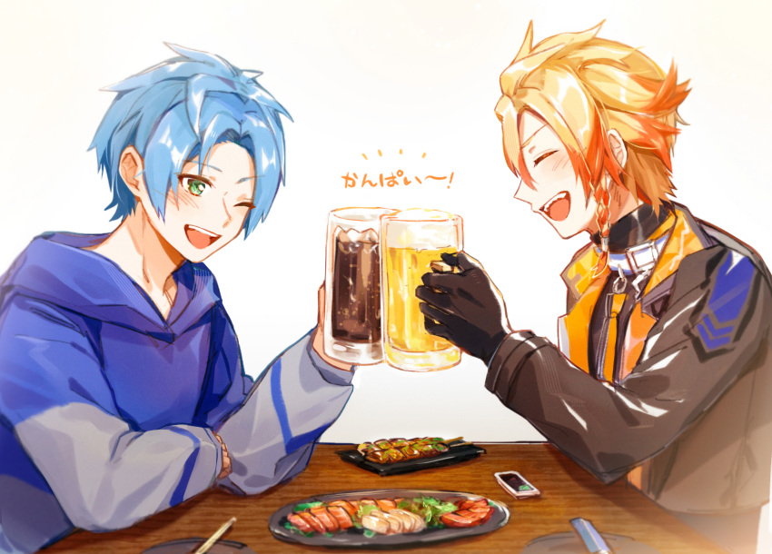 2boys alcohol axel_syrios beer beer_mug black_gloves blonde_hair blue_hair blush braid collar cup drink food from_side gloves green_eyes hair_between_eyes happy highres holding holding_drink holostars holostars_english hood hoodie hou37707274 laughing looking_at_another male_focus mug multicolored_hair multiple_boys one_eye_closed open_mouth orange_collar orange_hair redhead regis_altare short_hair sitting table toasting_(gesture) two-tone_hair upper_body virtual_youtuber white_background wooden_table