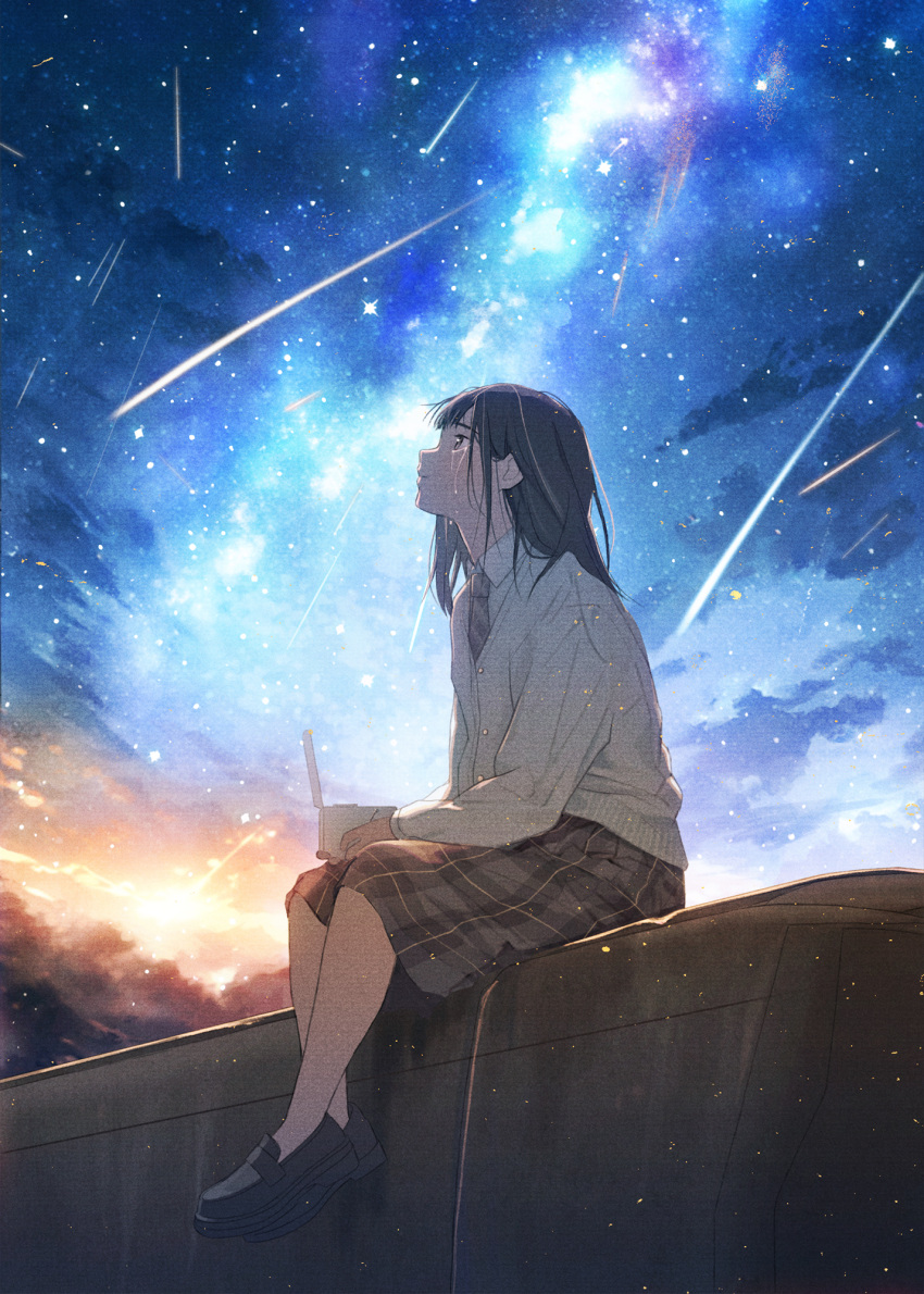 1girl brown_hair brown_skirt closed_mouth collared_shirt crying galaxy highres holding light_particles loafers long_hair long_sleeves nakamura_yukihiro necktie night night_sky original outdoors photoshop_(medium) plaid plaid_necktie plaid_skirt shirt shoes shooting_star sitting skirt sky solo star_(sky) starry_sky tears white_shirt