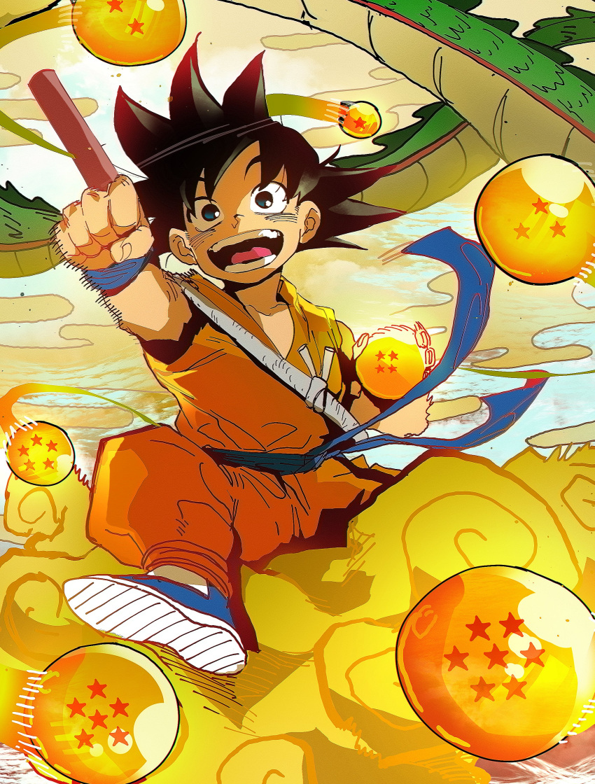 1boy absurdres black_eyes black_hair blue_footwear blue_sash blue_wristband boots child clenched_hand clouds dougi dragon_ball dragon_ball_(classic) dragon_ball_(object) floating_clothes flying flying_nimbus full_body highres holding holding_dragon_ball isaacchief300 looking_at_viewer monkey_boy open_mouth outdoors outstretched_arm riding ruyi_jingu_bang sash shenron_(dragon_ball) shoe_soles sky smile solo son_goku speed_lines spiky_hair spread_legs strap teeth tongue two-tone_eyes wristband yellow_sky