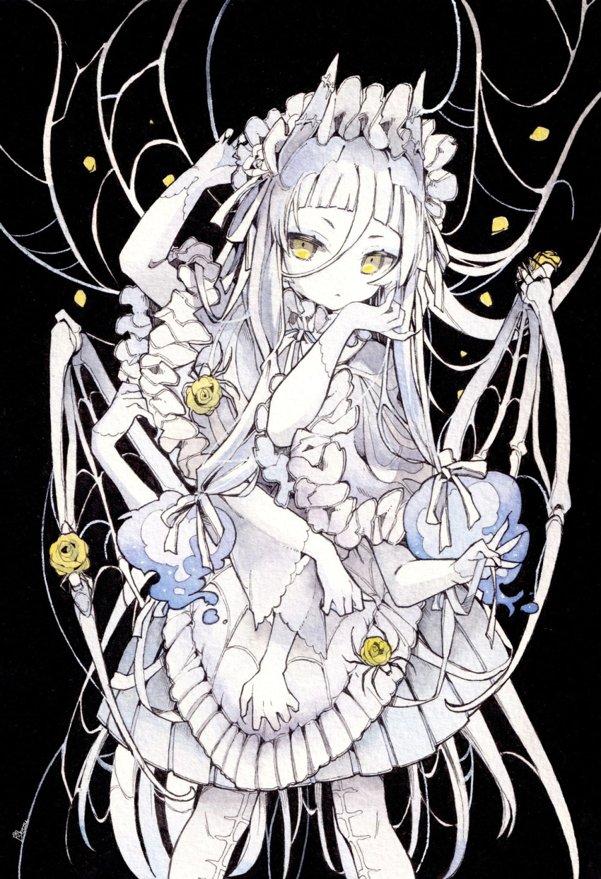 1girl arthropod_girl arthropod_limbs blue_fire blunt_bangs broken_horns bug cracked_skin dress extra_arms feet_out_of_frame fingernails fire flower frilled_hairband frills hair_ribbon hairband hamudetsu hand_on_own_head hands_up highres holding holding_ribbon horns long_hair long_hair_between_eyes looking_at_viewer original partially_colored patchwork_skin petals pleated_dress ribbon rose scales scar scar_on_leg sharp_fingernails silk simple_background skeletal_wings spider spider_girl spider_web traditional_media very_long_hair wings yellow_eyes yellow_flower yellow_rose