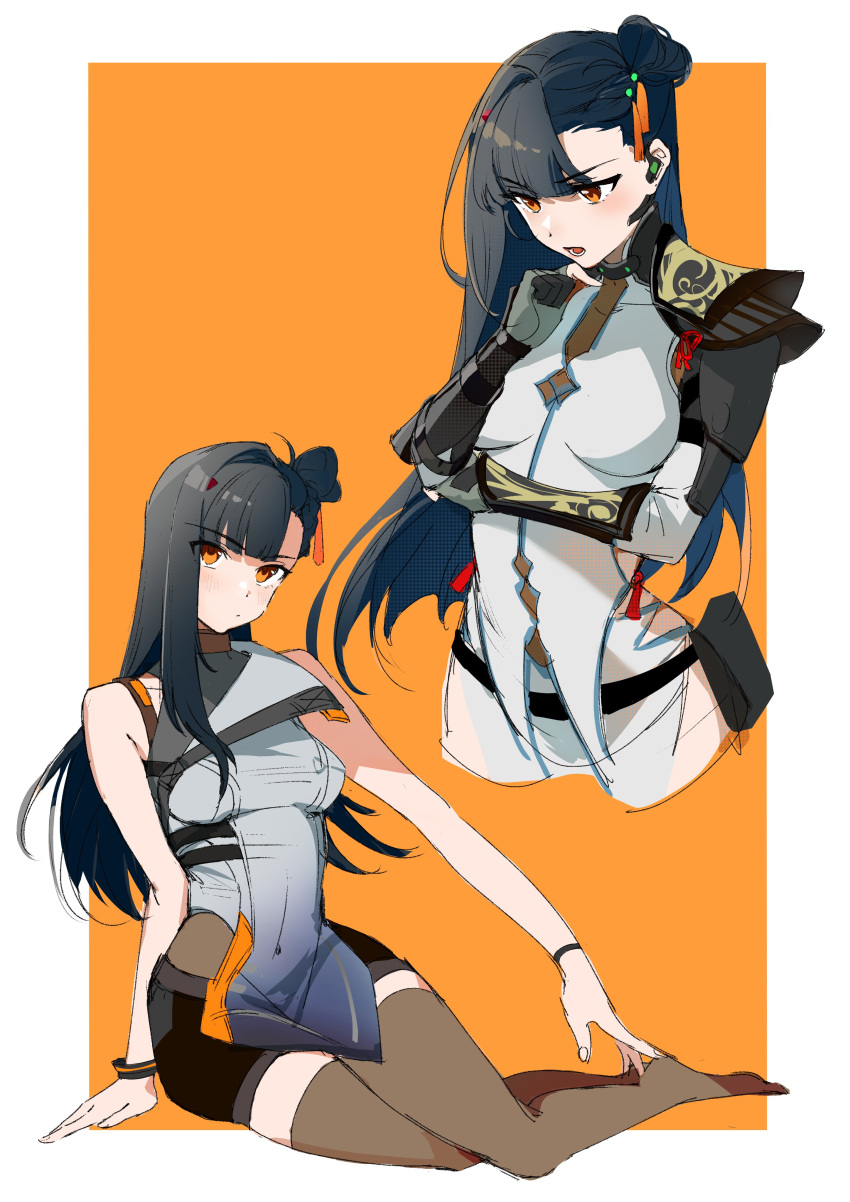 1girl absurdres armor black_hair black_shorts black_thighhighs bracelet chinese_clothes earpiece girls'_frontline_2:_exilium girls_frontline gwendolynstore hair_ornament hand_on_own_chin highres jewelry looking_at_viewer looking_down lower_teeth_only open_mouth orange_background orange_eyes qbz-191_(girls'_frontline) shorts shoulder_armor sitting teeth thigh-highs two-tone_background upper_body variations white_background