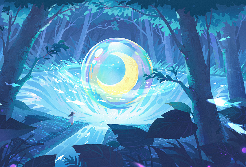 1girl artist_name barefoot black_hair blue_theme bubble commentary_request crescent_moon dress fish forest glowing grass huhv. leaf long_hair magic moon nature night original outdoors plant pond scenery solo standing stream tree water white_dress wide_shot