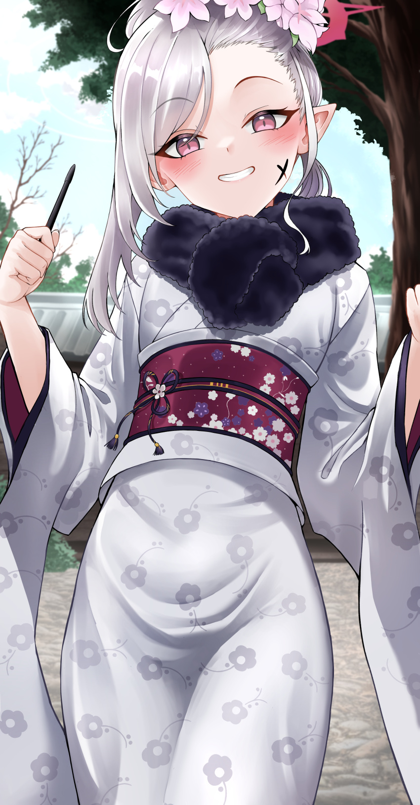 1girl absurdres blue_archive blush flower grey_hair grin hair_flower hair_ornament highres japanese_clothes kimono lds_(dstwins97) long_sleeves looking_at_viewer mutsuki_(blue_archive) mutsuki_(new_year)_(blue_archive) obi official_alternate_costume official_alternate_hairstyle pink_eyes pink_flower pointy_ears revision sash short_hair smile solo tree white_kimono wide_sleeves