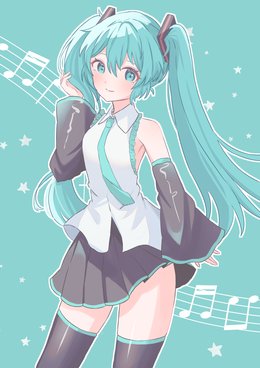 1girl absurdres aqua_background aqua_eyes aqua_hair aqua_necktie bare_shoulders beamed_eighth_notes beamed_sixteenth_notes black_sleeves collared_shirt contrapposto cowboy_shot detached_sleeves floating_clothes frilled_shirt frills hair_ornament hand_in_own_hair hatsune_miku highres long_hair looking_at_viewer mokoinu_(pixiv_27216243) musical_note musical_note_background necktie outline pleated_skirt shirt skindentation skirt sleeveless sleeveless_shirt smile solo star_(symbol) thigh-highs twintails untucked_shirt very_long_hair vocaloid white_outline white_shirt wide_sleeves wind wind_lift
