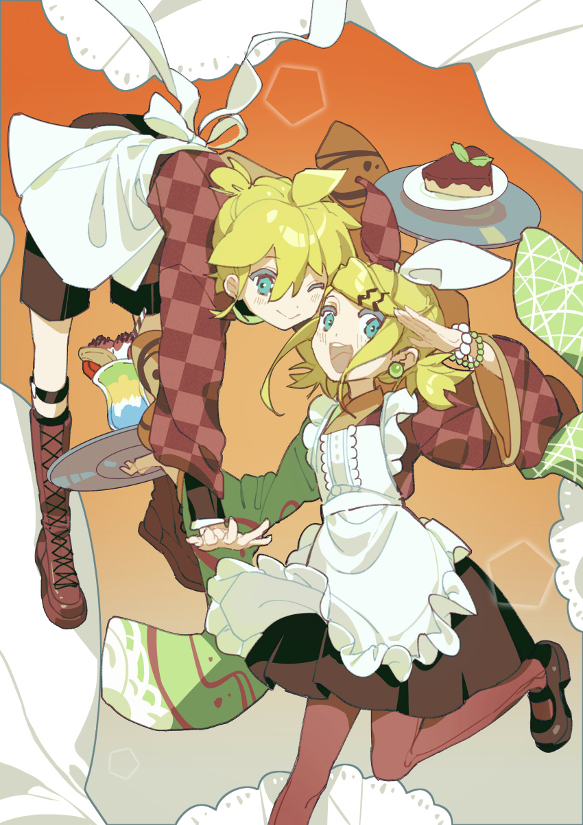 1boy 1girl absurdres apron aqua_eyes bead_bracelet beads black_shorts blonde_hair blush boots bracelet brown_pantyhose checkered_clothes chi_ya cross-laced_footwear earrings floating frilled_apron frills full_body hair_between_eyes hair_ribbon happy highres japanese_clothes jewelry kagamine_len kagamine_rin knee_boots lace-up_boots leg_up looking_at_viewer low_twintails maid one_eye_closed open_mouth pantyhose ribbon short_hair short_twintails shorts smile standing standing_on_one_leg twintails vocaloid wa_maid white_apron