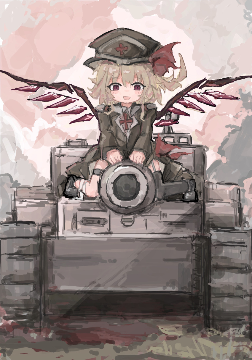 1girl absurdres blonde_hair crystal flandre_scarlet full_body hat hat_ribbon hatut highres military_uniform military_vehicle motor_vehicle open_mouth red_eyes ribbon tank tiger_i touhou uniform weapon_request