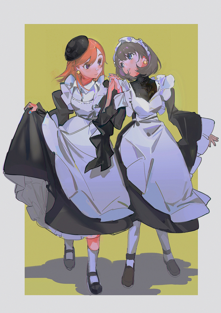 2girls absurdres ankle_socks apron black_dress black_footwear black_headwear black_sleeves blue_eyes blue_nails bob_cut border brown_hair chinese_commentary closed_mouth collared_shirt colored_eyelashes commentary_request dress earrings fingernails frilled_apron frilled_sleeves frills full_body green_background grey_border hat highres holding_hands jewelry juliet_sleeves kneehighs light_blush long_sleeves looking_at_another maid maid_headdress mary_janes mini_hat multiple_girls nail_polish open_mouth orange_hair original outside_border puffy_sleeves riko-m shadow shirt shoes short_hair skirt_hold sleeves_past_wrists smile socks sparkle sphere_earrings teeth turtleneck_dress violet_eyes white_apron white_headdress white_shirt white_socks wide_sleeves