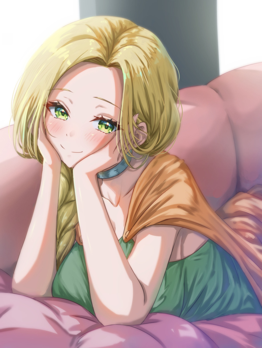 1girl absurdres bianca_(dq5) blonde_hair blush bracelet braid breasts cape choker collarbone couch dragon_quest dragon_quest_v earrings green_eyes hair_over_shoulder hands_on_own_cheeks hands_on_own_face head_rest highres jewelry long_hair lying on_couch on_stomach sakunaru sideboob single_braid smile solo