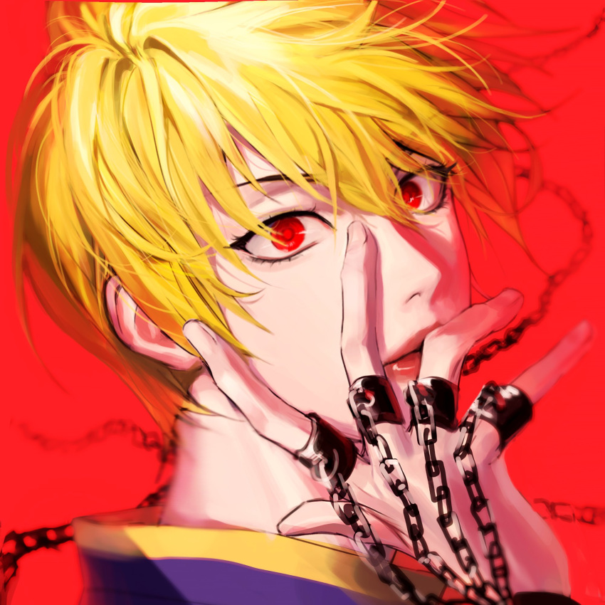 1boy alternate_hair_length alternate_hairstyle blonde_hair chain closed_mouth eyelashes from_side gi_um hand_on_own_face hand_up hashtag_only_commentary highres hunter_x_hunter jewelry kurapika lips looking_at_viewer looking_to_the_side male_focus multiple_rings portrait red_background red_eyes red_lips ring short_hair simple_background weapon