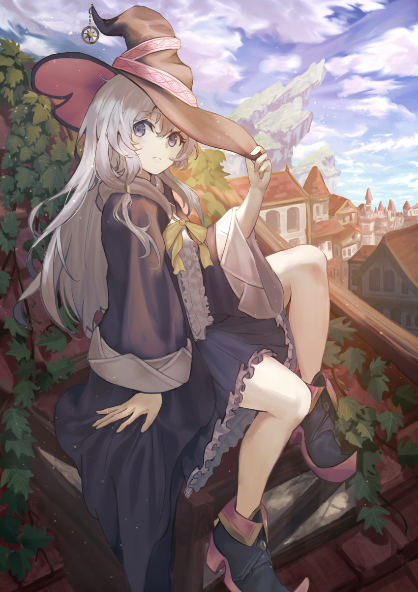 1girl absurdres bow bowtie clouds cloudy_sky collared_shirt elaina_(majo_no_tabitabi) flat_chest frilled_skirt frills full_body hair_between_eyes hand_on_headwear hat hat_ornament highres ku_ga_i long_hair looking_at_viewer majo_no_tabitabi on_roof plant platform_footwear pointy_footwear purple_robe purple_skirt robe shirt sitting_on_roof skirt sky solo star_(symbol) star_hat_ornament sunlight town vines violet_eyes white_hair white_shirt wide_sleeves witch witch_hat yellow_bow yellow_bowtie