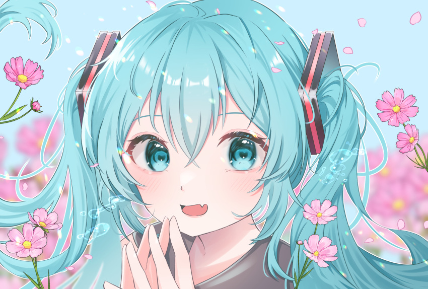 1girl air_bubble aqua_eyes aqua_hair blurry blurry_background blush bubble cosmos_(flower) falling_petals fang floating_hair flower hair_between_eyes hair_ornament hatsune_miku heart heart-shaped_pupils highres long_hair looking_at_viewer mokoinu_(pixiv_27216243) open_mouth own_hands_together petals pink_flower portrait skin_fang smile solo steepled_fingers symbol-shaped_pupils twintails underwater very_long_hair vocaloid