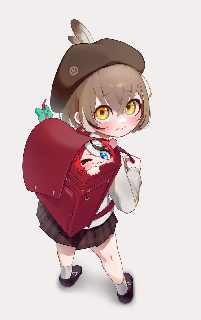 2girls ;3 absurdres appleblossomtea backpack bag beret black_hair blue_bow blue_eyes blush bow brown_eyes brown_footwear brown_hair brown_skirt feather_hair_ornament feathers hair_ornament hairpin hakos_baelz hat highres hololive hololive_english in_bag in_container looking_at_viewer mouse_girl mouse_tail multicolored_hair multiple_girls nanashi_mumei one_eye_closed peeking_out randoseru red_bag redhead shirt shoes short_hair skirt solo streaked_hair tail tail_bow tail_ornament virtual_youtuber white_background white_hair white_shirt