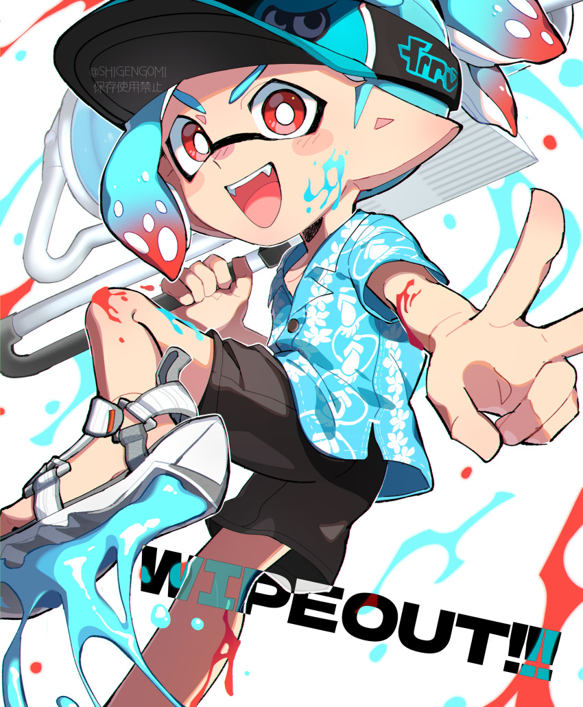 1boy :d absurdres artist_name black_shorts blue_hair blue_shirt bright_pupils commentary_request fangs flingza_roller_(splatoon) gradient_hair hawaiian_shirt highres holding holding_weapon inkling inkling_boy multicolored_hair open_mouth paint pointy_ears print_headwear red_eyes redhead sandals shigeng0mi shirt short_hair shorts smile solo splatoon_(series) splatoon_3 teeth tentacle_hair two-tone_hair upper_teeth_only v v-shaped_eyebrows visor_cap weapon white_background white_footwear white_pupils