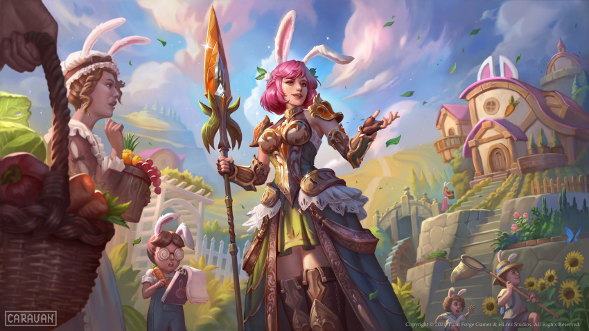 1girl 2boys 3girls absurdres animal_ears armor athena_(smite) athena_(smite)_(wise_hare) blue_butterfly blue_overalls blue_sky brown_hair bug building butterfly butterfly_net capsicum carrot clouds day flower glasses hand_net hat highres holding holding_butterfly_net holding_polearm holding_weapon lettuce multiple_boys multiple_girls official_alternate_costume outdoors overalls pink_eyes pink_hair polearm rabbit_ears ramza_ardyputra shirt short_hair short_sleeves sky smite solo spear sunflower weapon white_shirt