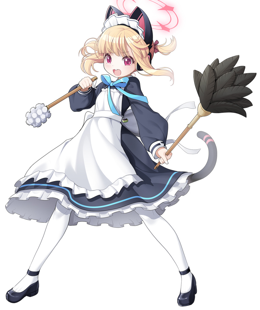 1girl :d animal_ear_headphones animal_ears apron black_dress black_footwear blonde_hair blue_archive commentary_request dress fake_animal_ears frilled_apron frilled_dress frills full_body halo headphones highres holding koflif long_sleeves looking_at_viewer maid maid_apron maid_headdress momoi_(blue_archive) momoi_(maid)_(blue_archive) pantyhose puffy_long_sleeves puffy_sleeves shoes simple_background smile solo standing tail teeth upper_teeth_only violet_eyes white_apron white_background white_pantyhose