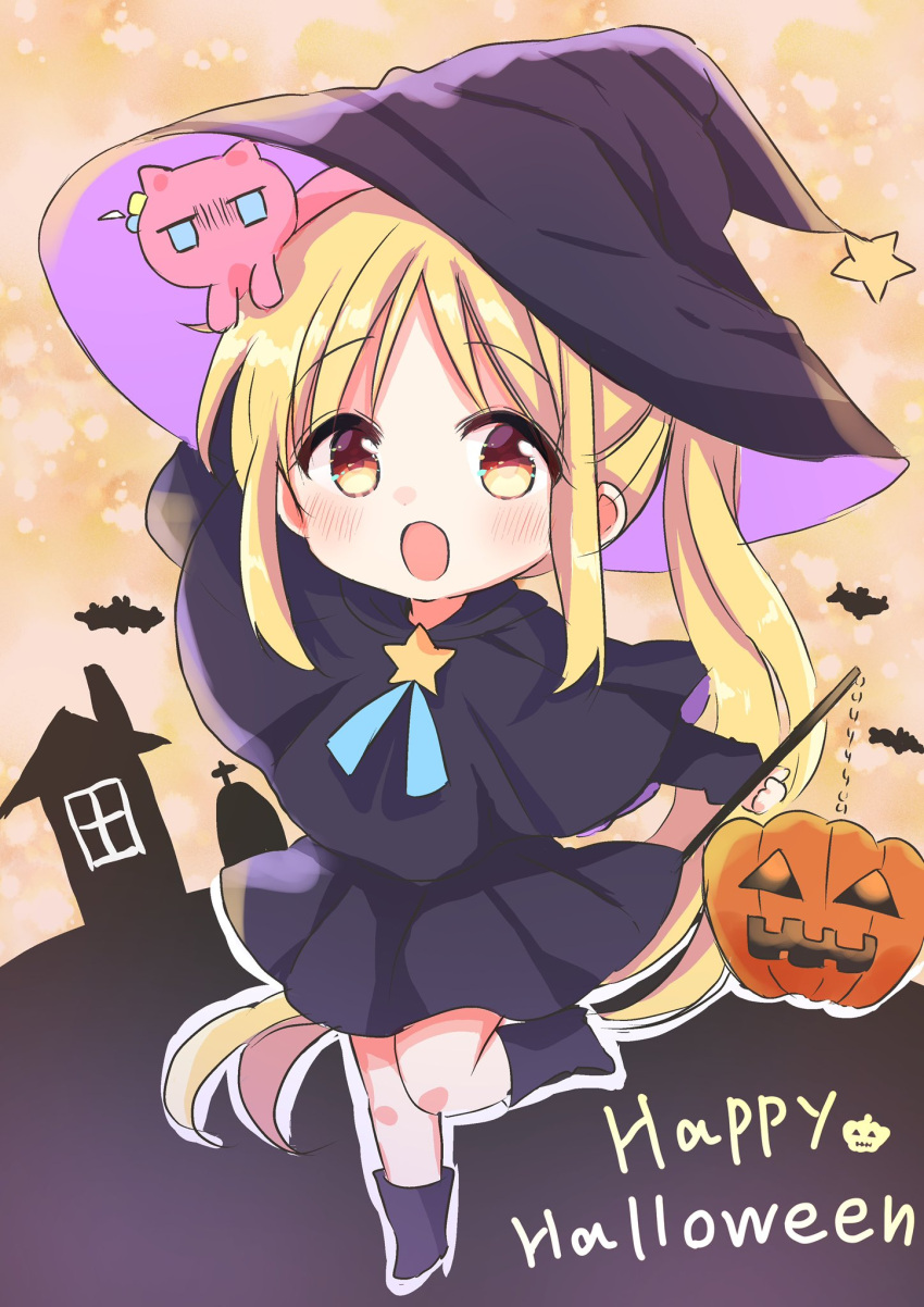 1girl :d alternate_costume animal_hair_ornament black_dress black_footwear black_headwear blonde_hair blush bocchi_the_rock! brown_eyes cape commentary dress english_text eyebrows_hidden_by_hair frilled_dress frills full_body hair_ornament halloween hand_in_own_hair hand_up hat highres holding holding_lantern ijichi_nijika jack-o'-lantern lantern leg_up long_hair long_sleeves looking_at_viewer nanami_ayane_(kusunoki5050) one_side_up open_mouth outstretched_arms pleated_dress pumpkin sidelocks smile solo standing standing_on_one_leg star_(symbol) witch witch_hat