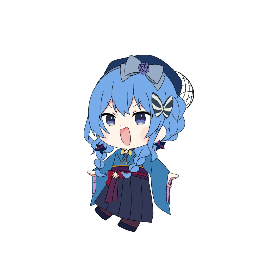 1girl :d beret blue_bow blue_eyes blue_footwear blue_hair blue_hakama blue_headwear blue_kimono blush_stickers bow bowtie braid chibi commentary_request double-parted_bangs earrings fishnets flower french_braid furrowed_brow giao2_ng hair_bow hair_flower hair_ornament hair_tie hakama hakama_skirt hashtag_only_commentary hat highres hololive hoshimachi_suisei hoshimachi_suisei_(new_year) japanese_clothes jewelry kimono long_hair low_twintails obi official_alternate_costume official_alternate_hairstyle open_mouth pantyhose purple_flower purple_obi purple_pantyhose red_bow sash sidelocks simple_background skirt smile star_(symbol) star_earrings star_ornament striped_bow tassel twin_braids twintails virtual_youtuber waist_bow white_background white_bow yellow_bow yellow_bowtie