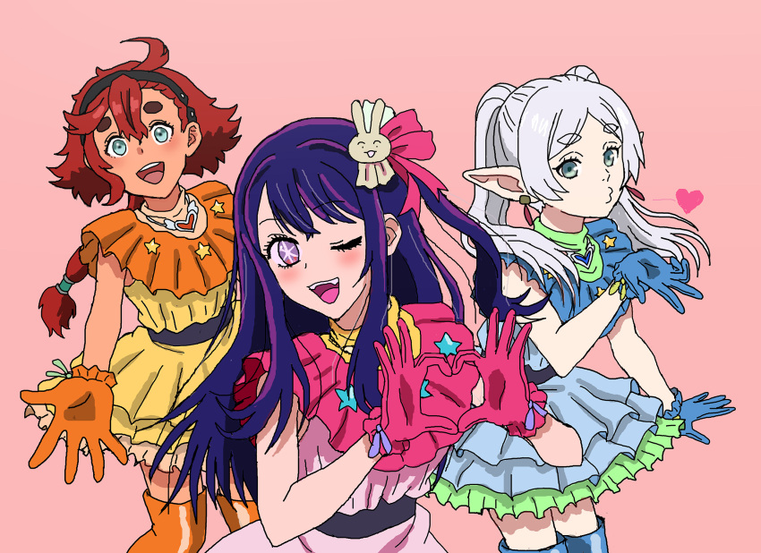 3girls aqua_eyes black_hairband blowing_kiss blue_gloves commentary_request cosplay crossover dress earrings frieren frilled_dress frills gloves gundam gundam_suisei_no_majo hair_ornament hairband heart heart_hands highres hoshino_ai_(oshi_no_ko) hoshino_ai_(oshi_no_ko)_(cosplay) idol jewelry long_hair low-tied_long_hair multiple_crossover multiple_girls open_mouth orange_gloves oshi_no_ko pink_gloves pointy_ears ponytail puckered_lips purple_hair rabbit_hair_ornament redhead shideboo_(shideboh) smile sousou_no_frieren suletta_mercury thick_eyebrows twintails violet_eyes white_hair