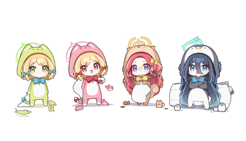 4girls absurdly_long_hair absurdres acorn alternate_costume animal animal_costume aqua_halo aris_(blue_archive) banana_(banana_draw) bird black_hair blonde_hair blue_archive blue_bow blue_eyes blush bow cat cat_costume chibi closed_mouth full_body game_development_department_(blue_archive) green_eyes green_halo hair_bow halo highres leaf long_hair long_sleeves looking_at_viewer midori_(blue_archive) momoi_(blue_archive) multiple_girls nose_blush open_mouth penguin penguin_costume pink_halo red_bow red_eyes redhead short_hair siblings simple_background sisters smile square_halo squirrel standing tears twins very_long_hair violet_eyes white_background yellow_halo yuzu_(blue_archive)