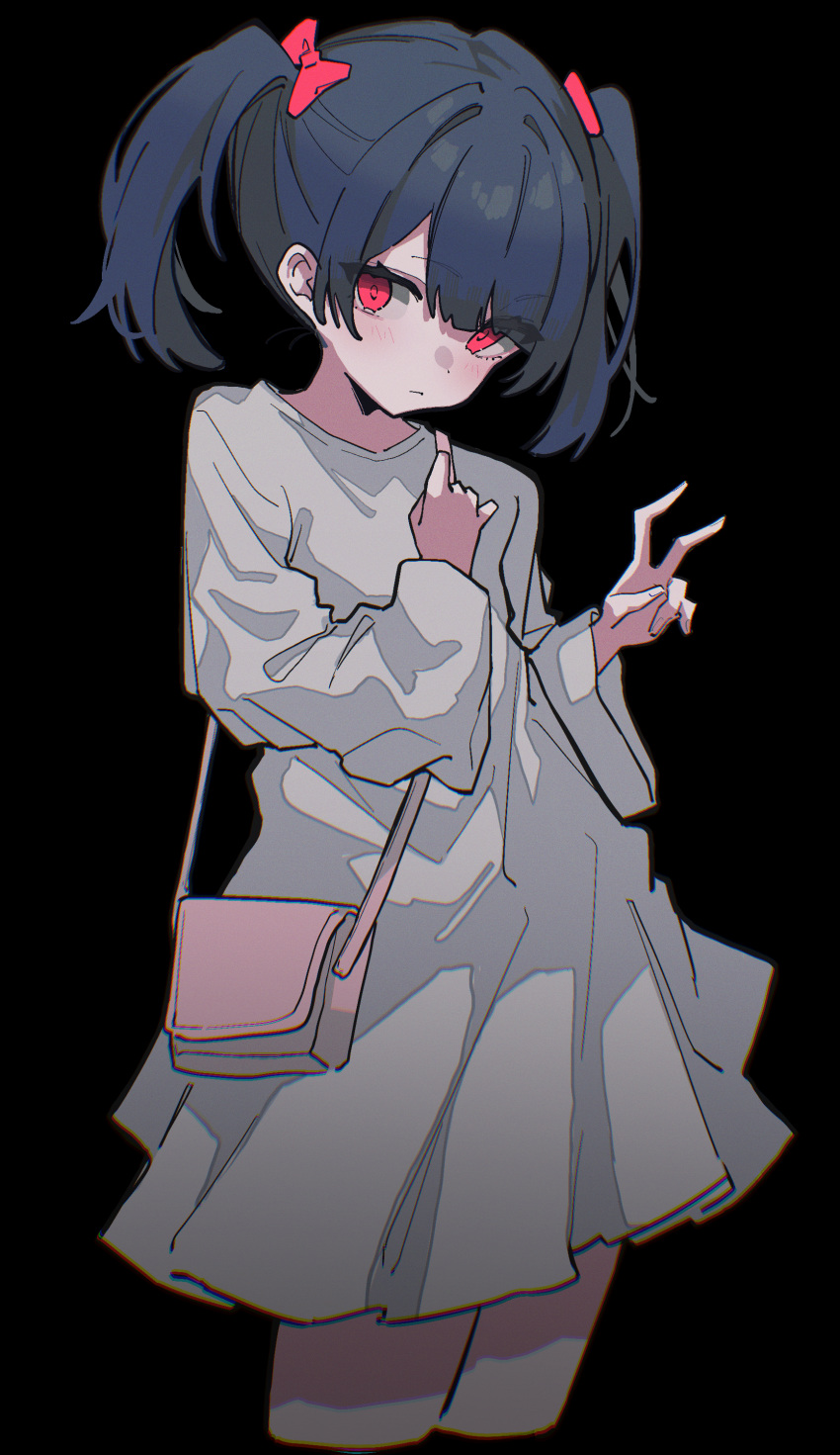 1girl absurdres bag black_background black_hair blush bow closed_mouth cropped_legs dress full_burrrrrrst hair_bow haru_(unreal_life) highres long_sleeves looking_at_viewer pink_eyes pink_footwear school_uniform simple_background smile solo twintails twitter_username unreal_life v white_dress