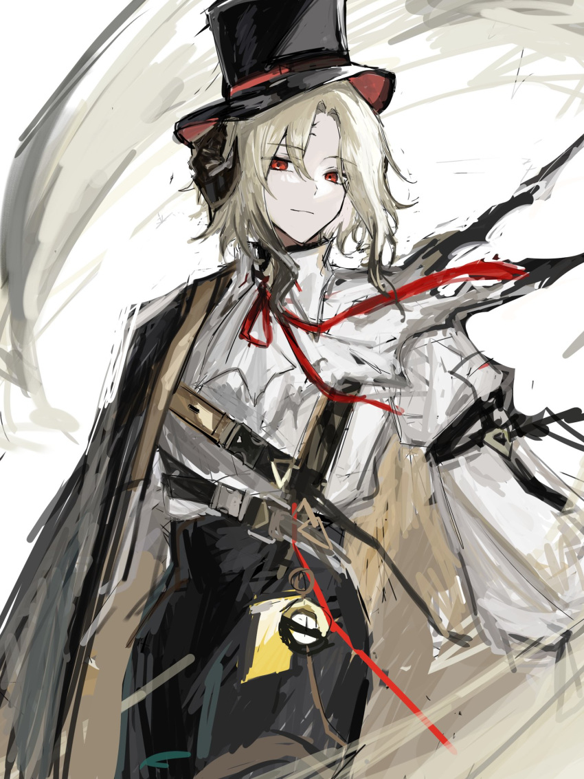 1boy arknights ascot black_cape black_hair black_headwear black_horns black_pants blonde_hair cape closed_mouth collared_shirt commentary cowboy_shot diamante_(arknights) english_commentary facial_mark harness hat high-waist_pants highres horns light_smile long_sleeves looking_at_viewer male_focus neck_ribbon pants parted_bangs pocket_watch puffy_long_sleeves puffy_sleeves red_eyes red_ribbon ribbon shirt short_hair side_cape sidelocks sketch sleeve_garter solo thigh_strap top_hat torn_ascot torn_clothes watch wavy_hair weeiskaw white_ascot white_background white_shirt wind