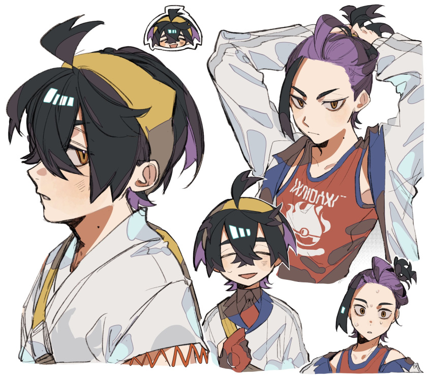 1boy adjusting_hair arms_up black_hair closed_eyes closed_mouth collared_shirt crossed_bangs gloves hair_between_eyes highres ikaooi1 jacket japanese_clothes kieran_(pokemon) male_focus mole mole_on_neck multicolored_hair multiple_views open_clothes open_jacket open_mouth orange_eyes parted_lips pokemon pokemon_sv purple_hair red_gloves red_tank_top shirt simple_background sweat tank_top upper_body white_background white_jacket