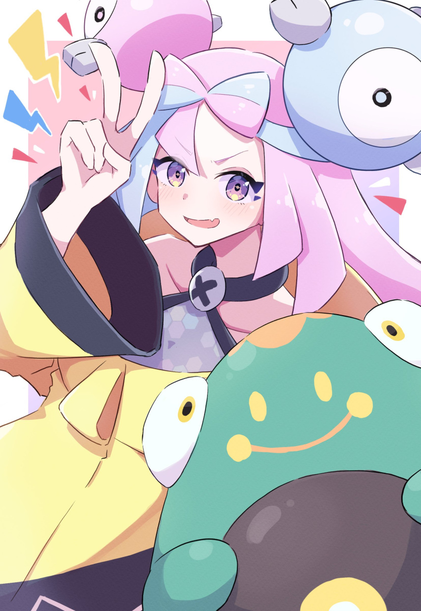 1girl :d absurdres bare_shoulders bellibolt blue_eyes bow-shaped_hair character_hair_ornament eyelashes fang hair_ornament highres iono_(pokemon) jacket long_hair long_sleeves looking_at_viewer multicolored_hair open_mouth pink_eyes pink_hair piyo_to_game pokemon pokemon_(creature) pokemon_sv skin_fang smile two-tone_hair v wide_sleeves yellow_jacket