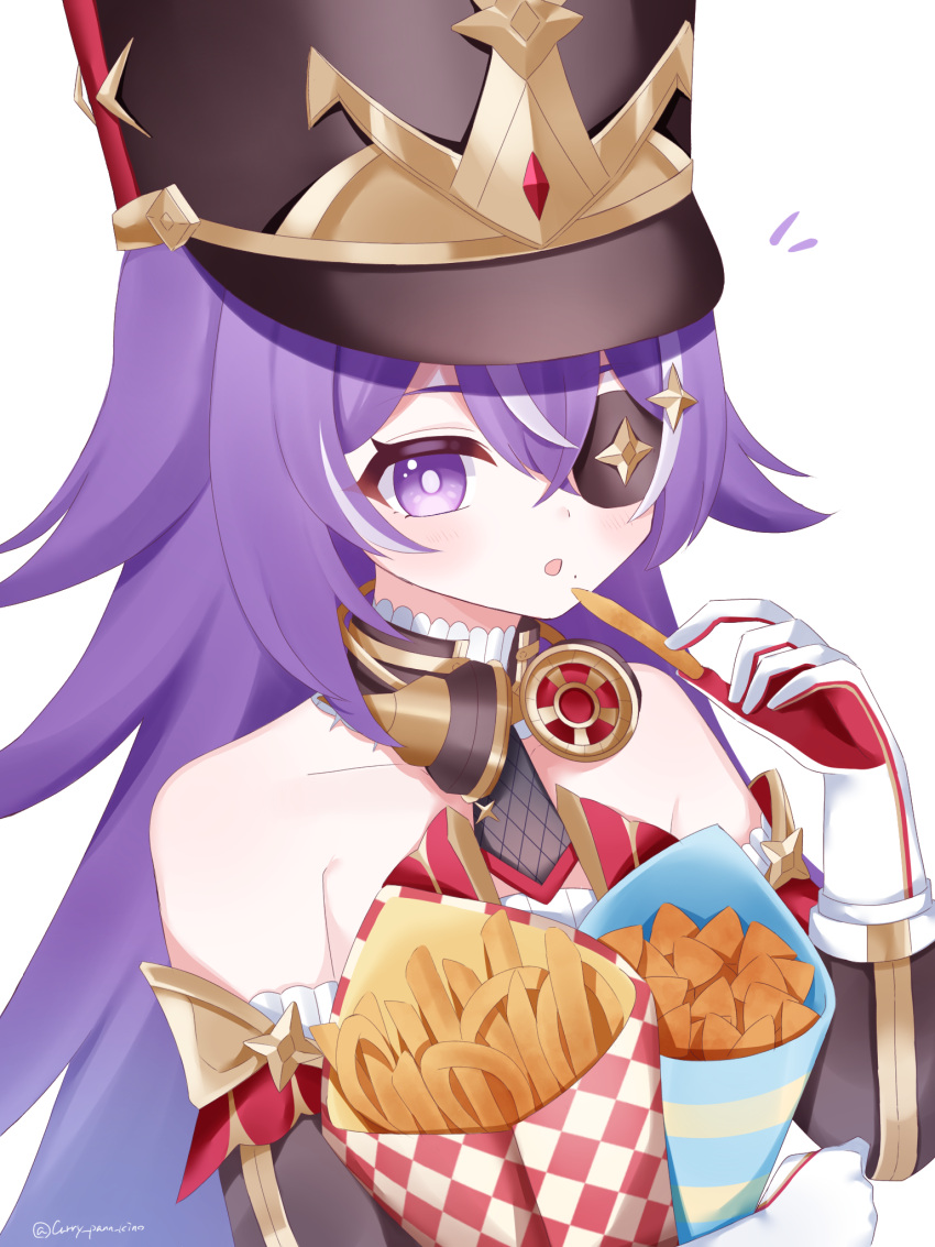 1girl :o bare_shoulders black_headwear black_necktie chevreuse_(genshin_impact) commentary detached_collar detached_sleeves earmuffs earmuffs_around_neck eyepatch food french_fries genshin_impact gloves gold_trim hat highres holding holding_food kino_(curry_pan) long_hair looking_at_viewer mole mole_under_mouth multicolored_hair necktie onion_rings open_mouth pointy_hair puffy_detached_sleeves puffy_sleeves purple_hair shako_cap simple_background solo streaked_hair two-tone_hair upper_body very_long_hair violet_eyes white_background white_gloves white_hair
