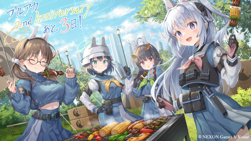 4girls :d :o ahoge animal_ears anniversary bell_pepper_slice black_gloves black_hair blue_archive blue_eyes blue_shirt blue_skirt blue_sky blue_sweater brown_hair cityscape clouds cloudy_sky cooking corn day earpiece eating fake_animal_ears food gloves green_neckerchief grill grilling halo helmet hime_cut hirokazu_(analysis-depth) holding holding_food holding_skewer kebab leaf leaf_on_head long_hair long_sleeves meat miyako_(blue_archive) miyu_(blue_archive) moe_(blue_archive) multiple_girls neckerchief official_art open_mouth outdoors pink_eyes pink_neckerchief rabbit_ears rabbit_platoon_(blue_archive) round_eyewear saki_(blue_archive) sausage school_uniform shirt short_hair skewer skirt sky smile sweater tactical_clothes violet_eyes white_hair yellow_neckerchief