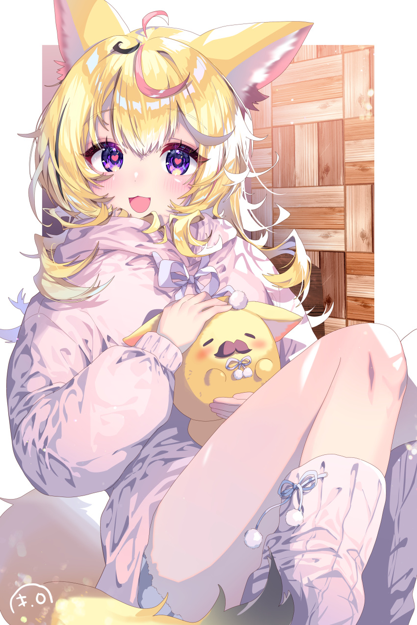 1girl absurdres alternate_costume alternate_hairstyle animal_ear_fluff animal_ears black_hair blonde_hair blush check_commentary commentary_request feet_out_of_frame fox_ears fox_girl fox_tail headpat heart heart-shaped_pupils highres hololive hood hood_down hoodie kio_is_here knees_up long_hair long_sleeves looking_at_viewer loose_socks multicolored_hair omaru_polka open_mouth pink_hair pink_hoodie pink_socks sitting smile socks solo streaked_hair symbol-shaped_pupils tail violet_eyes virtual_youtuber zain_(omaru_polka)