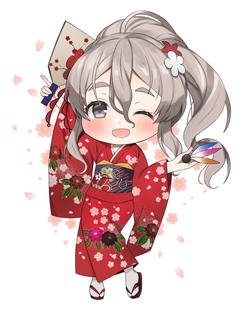 1girl blush brown_eyes cherry_blossoms chibi floral_print flower full_body grey_hair hagoita hair_between_eyes hair_flower hair_ornament highres holding japanese_clothes kantai_collection kimono long_hair long_sleeves looking_at_viewer obi one_eye_closed open_mouth paddle petals pola_(kancolle) ponytail red_flower red_kimono sash shuttlecock simple_background solo toriniku_senshi_chikinman white_background white_flower wide_sleeves