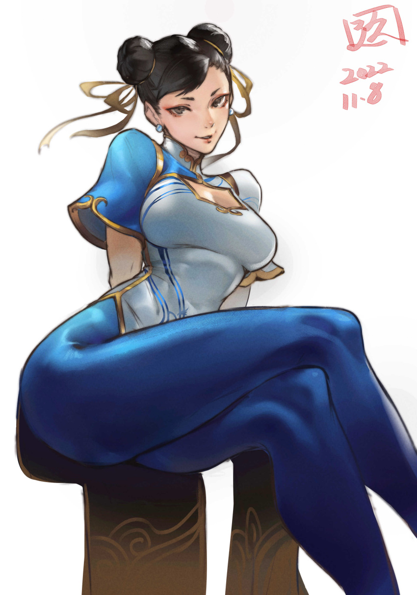 1girl absurdres blue_pants breasts brown_eyes brown_hair china_dress chinese_clothes chun-li cleavage_cutout clothing_cutout commentary crossed_legs double_bun dress earrings gold_trim hair_bun head_tilt highres jewelry juaag_acgy lips looking_at_viewer makeup medium_breasts pants revision short_sleeves signature sitting skin_tight smile solo street_fighter street_fighter_6 turtleneck white_background