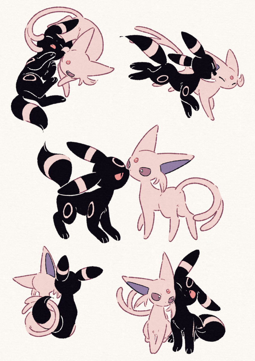 affectionate bright_pupils closed_mouth cuddling espeon eye_contact forehead_jewel forked_tail highres looking_at_another lying multiple_views no_humans oharu-chan one_eye_closed pokemon pokemon_(creature) tail umbreon white_background white_pupils