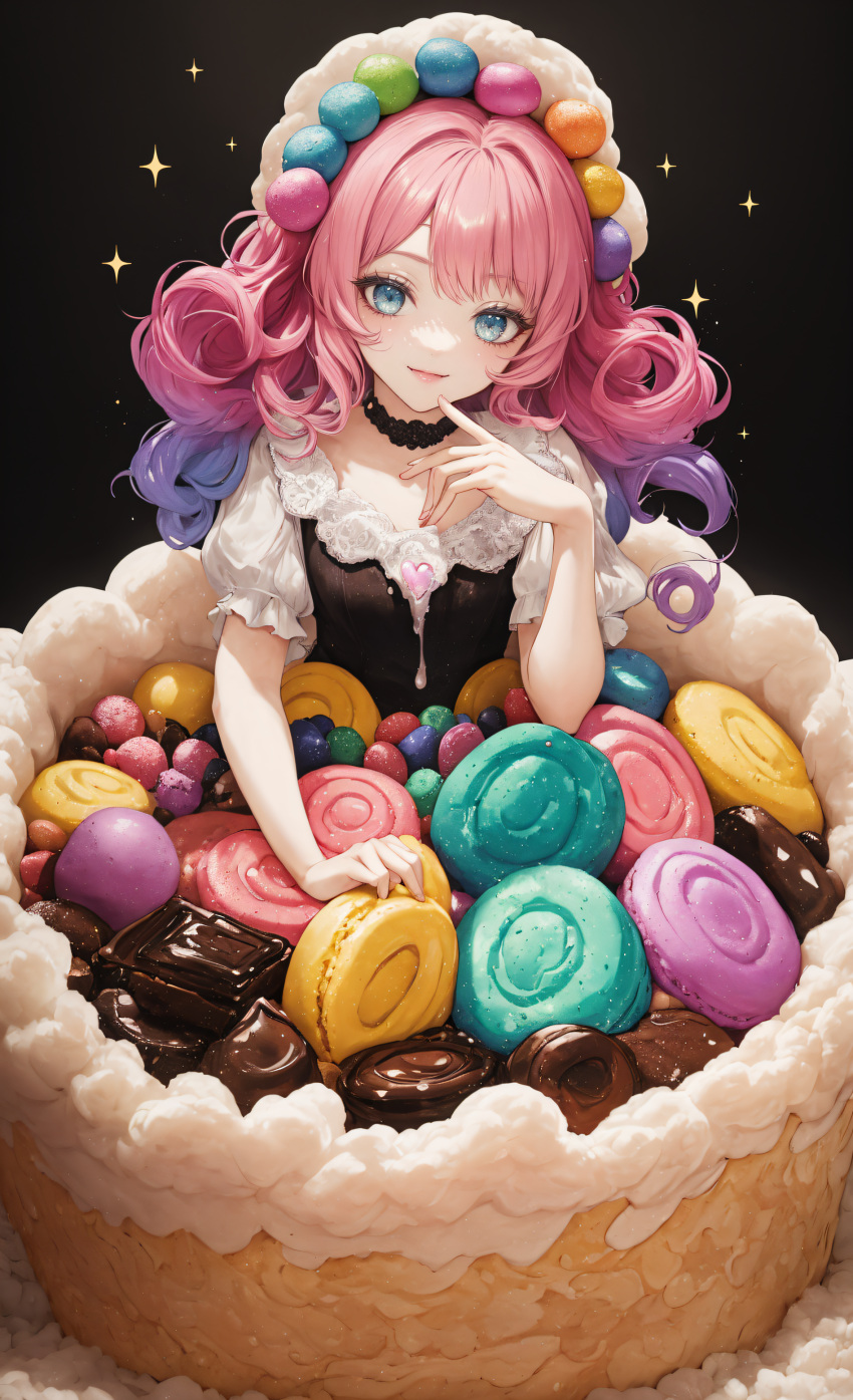 1girl absurdres ai-generated arm_support black_background black_choker blue_eyes bonnet cake candy chewing_gum chocolate chocolate_bar choker commission commissioner_upload dessert dripping food gumball hand_up head_tilt heart highres looking_at_viewer non-web_source original pink_hair pointing pointing_at_self ringlets self-upload simple_background sitting smile sparkle swirl upper_body whipped_cream