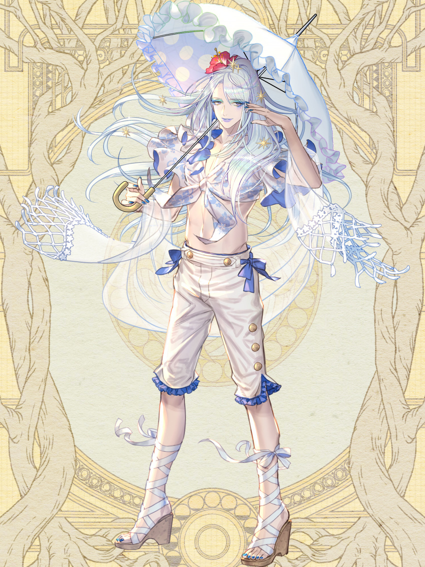 1boy blue_eyeshadow blue_nails blue_ribbon dairoku_ryouhei eyeshadow floral_print flower frilled_shirt frilled_shorts frills full_body girly_boy green_eyeshadow hair_flower hair_ornament hand_up hibiscus highres holding holding_umbrella infospikee leg_ribbon lipstick long_hair looking_at_viewer makeup male_focus marchen_kunst midriff mole mole_under_eye mole_under_mouth nail_polish parted_lips pectoral_cleavage pectorals polka_dot ponytail purple_lips red_flower ribbon sandals see-through see-through_shawl shawl shirt short_sleeves shorts smile solo standing star_(symbol) star_hair_ornament swept_bangs tassel tied_shirt toenail_polish toenails umbrella violet_eyes white_hair white_ribbon white_shawl white_shirt white_shorts white_umbrella yellow_background