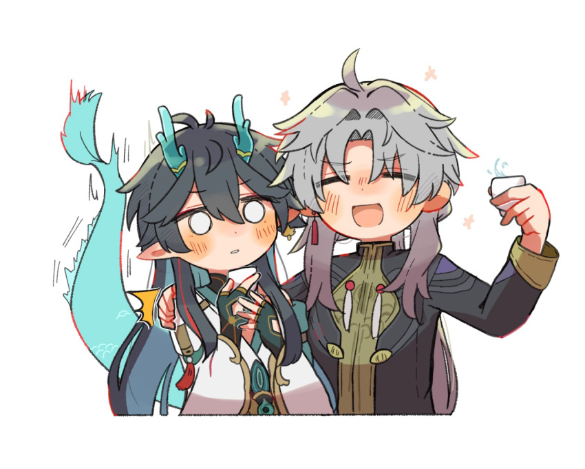 2boys :d ahoge alcohol aqua_horns aqua_tail arm_around_shoulder black_coat black_hair blank_eyes blush choko_(cup) coat collared_coat colored_inner_hair cup dan_heng_(honkai:_star_rail) dan_heng_(imbibitor_lunae)_(honkai:_star_rail) dot_nose drunk earrings eyes_visible_through_hair fingerless_gloves gloves grey_hair hair_intakes hand_on_another's_shoulder hand_up hands_up hara_(nanohara) holding holding_cup honkai:_star_rail honkai_(series) horns jacket jewelry long_hair long_sleeves male_focus multicolored_hair multiple_boys no_sclera parted_bangs parted_lips pointy_ears shirt simple_background single_earring sleeve_cuffs smile surprised upper_body very_long_hair white_background white_eyes white_jacket yellow_shirt yingxing_(honkai:_star_rail)