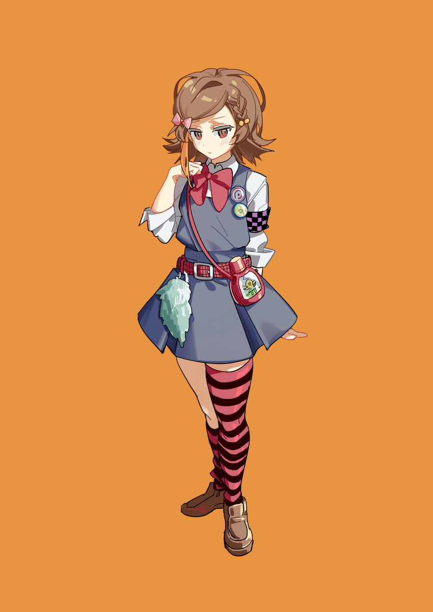 1girl absurdres arms_behind_back asymmetrical_legwear badge belt blush bow bowtie braid brown_eyes brown_footwear brown_hair button_badge chi_ya closed_mouth grey_skirt highres legs_together looking_to_the_side makishima_haru orange_background purple_armband raging_loop red_belt red_bow red_bowtie school_uniform short_hair side_braid skirt solo standing striped_clothes striped_thighhighs thigh-highs