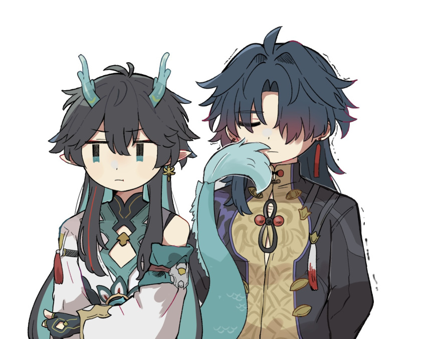 2boys ahoge arm_behind_back black_hair black_sleeves blade_(honkai:_star_rail) chest_sarashi chinese_clothes closed_eyes closed_mouth colored_inner_hair commentary_request dan_heng_(honkai:_star_rail) dan_heng_(imbibitor_lunae)_(honkai:_star_rail) dragon_boy dragon_horns dragon_tail earrings fingerless_gloves gloves green_eyes green_horns hair_over_one_eye hand_on_own_arm hara_(nanohara) honkai:_star_rail honkai_(series) horns jewelry long_hair male_focus multicolored_hair multiple_boys pointy_ears sarashi simple_background single_bare_shoulder single_earring tail trembling upper_body v-shaped_eyebrows white_background white_sleeves