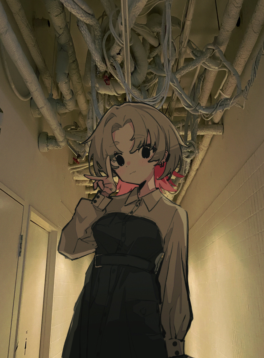 1girl absurdres black_eyes blush breasts closed_mouth collared_dress door dress ear_piercing english_commentary fang full_burrrrrrst grey_hair highres indoors industrial_pipe long_sleeves looking_at_viewer original photo_background piercing pink_hair short_hair skin_fang solo v