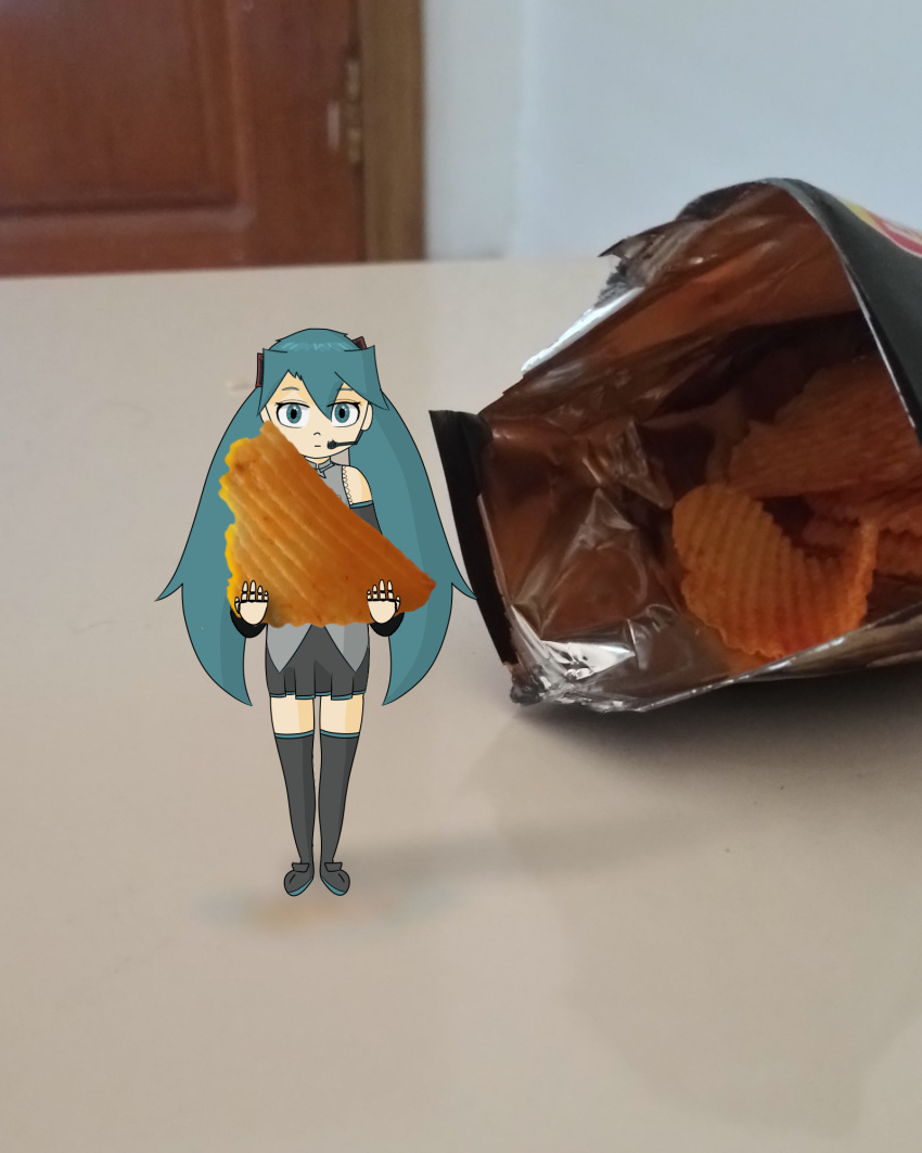 blue_eyes blue_hair chips hatsune_miku holding_potato_chip lay's lays_potato_chip max_lays potato_chips stagking