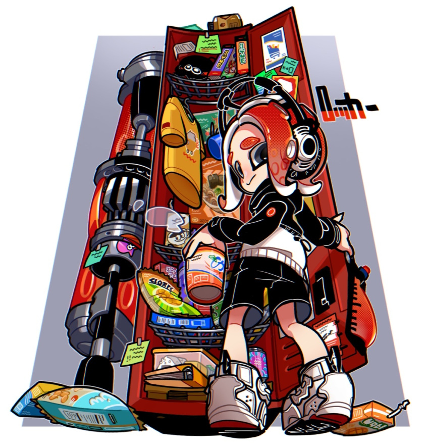 1girl bag black_eyes black_shorts black_sweater closed_mouth clothes_hanger commentary_request dynamo_roller_(splatoon) headphones ink_tank_(splatoon) juice_box locker looking_back medium_hair note octoling octoling_girl poster_(object) print_bag print_shirt ramen redhead shirt shoes shorts solo splatoon_(series) splatoon_3 standing sticker sweater tentacle_hair thick_eyebrows two-tone_sweater w0_tarou weapon white_background white_footwear white_sweater writing yellow_shirt
