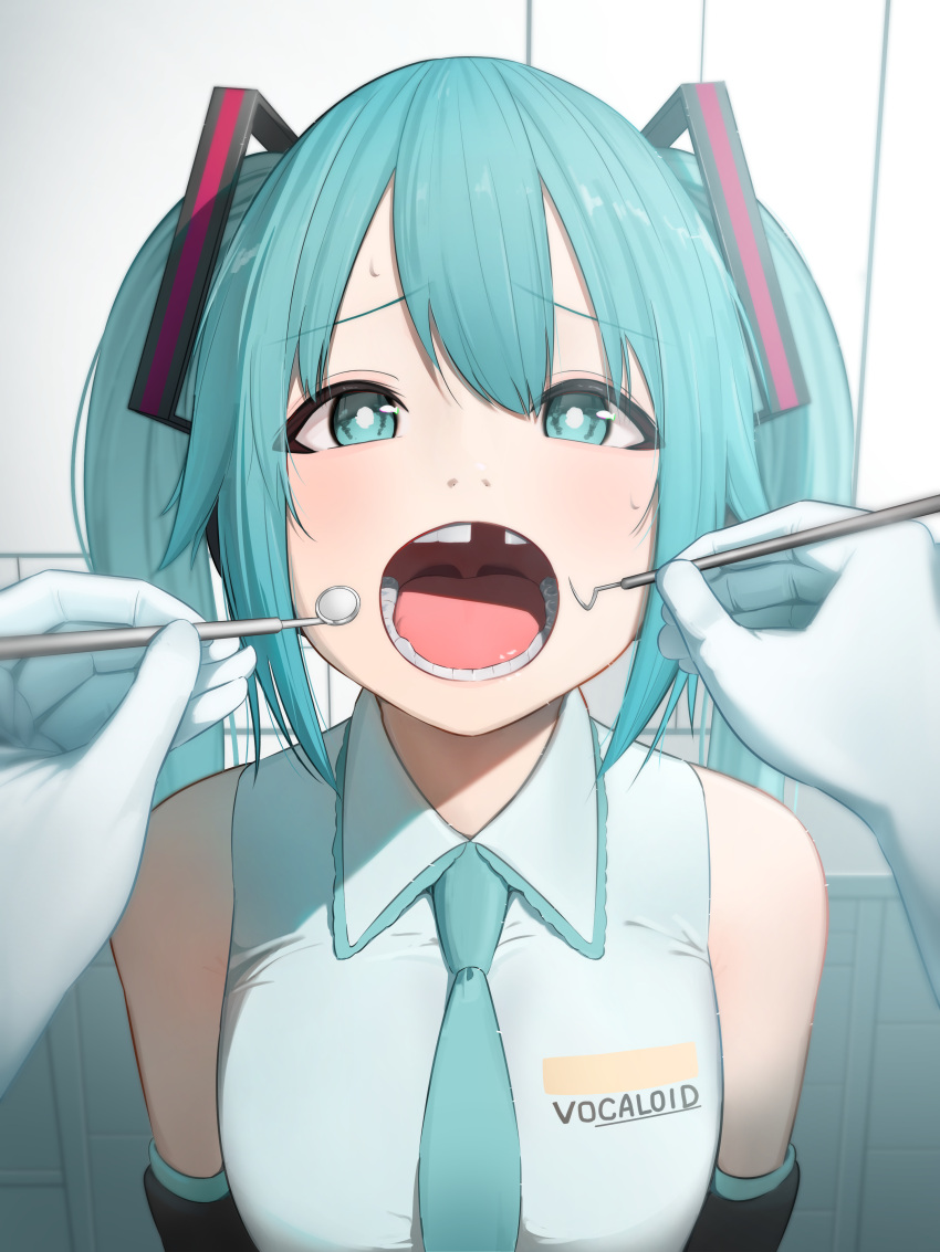1girl 1other absurdres aqua_bow aqua_bowtie aqua_eyes aqua_hair bananafish1111 bow bowtie commentary_request copyright_name detached_sleeves from_above frown gloves hair_ornament hatsune_miku highres indoors latex latex_gloves long_hair looking_at_viewer missing_tooth open_mouth oral_invitation pov pov_hands shirt sleeveless sleeveless_shirt sweat teeth throat tongue twintails upper_body vocaloid white_gloves