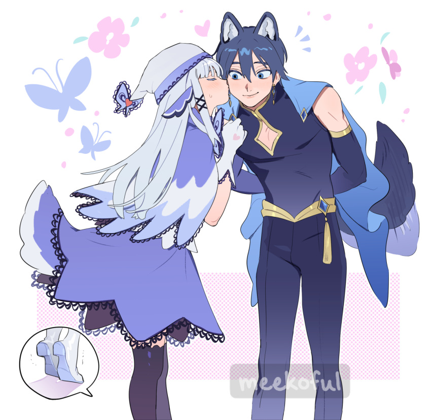 1boy 1girl afterimage animal_ears arms_behind_back black_thighhighs blue_cape blue_capelet blue_eyes blue_hair blue_skirt borrowed_character bug butterfly cape capelet closed_eyes clothing_cutout commission flower fox_boy fox_ears fox_girl fox_tail gloves hat hetero highres kiss kissing_cheek leaning_forward medium_skirt miyage_no_nukegara motion_lines original skeb_commission skirt sweatdrop tail thigh-highs tiptoes watermark white_gloves white_hair white_headwear