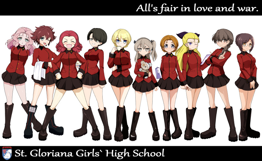 6+girls :d :o ;( absurdres aqua_eyes arms_behind_back assam_(girls_und_panzer) bandages black_bow black_footwear black_ribbon black_skirt blonde_hair blue_eyes boko_(girls_und_panzer) boots bow braid braided_bun braided_ponytail brown_eyes brown_hair clipboard closed_eyes closed_mouth commentary cranberry_(girls_und_panzer) crossed_arms cup darjeeling_(girls_und_panzer) earrings emblem english_text epaulettes facing_viewer fang frown girls_und_panzer girls_und_panzer_saishuushou glasses green_eyes grin hair_bow hair_bun hair_ornament hair_over_one_eye hair_over_shoulder hair_pulled_back hair_ribbon hairclip hand_on_own_hip hands_on_own_hips highres holding holding_clipboard holding_cup holding_stuffed_toy holding_teapot holding_towel holding_tray jacket jewelry knee_boots leaning_to_the_side legs_apart letterboxed light_brown_hair long_hair long_sleeves looking_at_viewer medium_hair messy_hair military_uniform miniskirt multiple_girls nilgiri_(girls_und_panzer) one_eye_closed one_side_up open_mouth orange_hair orange_pekoe_(girls_und_panzer) own_hands_together parted_lips peach_(girls_und_panzer) pink_hair pleated_skirt red_jacket redhead ribbon rimless_eyewear rosehip_(girls_und_panzer) round_eyewear rukuriri_(girls_und_panzer) salute saucer shibainutank shimada_arisu short_hair side-by-side simple_background single_braid skirt smile spiked_footwear spoilers st._gloriana's_(emblem) st._gloriana's_military_uniform standing stud_earrings stuffed_animal stuffed_toy swept_bangs teacup teapot teddy_bear tongue tongue_out towel tray twin_braids two-finger_salute uniform v_arms vanilla_(girls_und_panzer) wavy_hair white_background